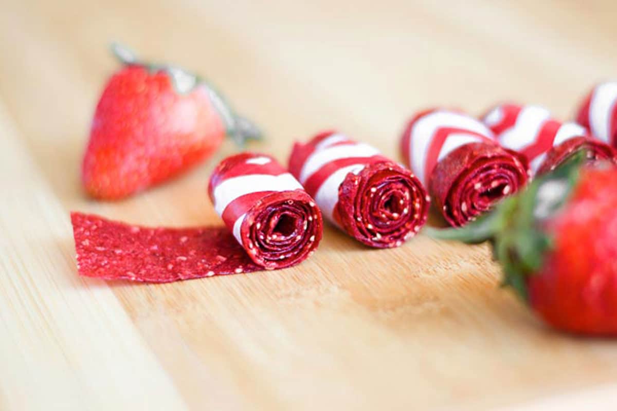 Homemade fruit roll ups with strawberries.