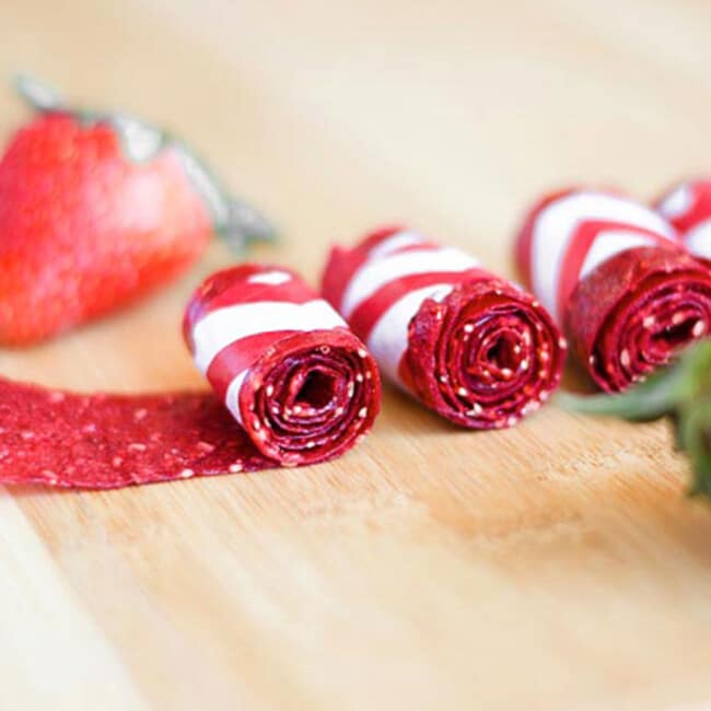 Homemade fruit roll ups with strawberries.