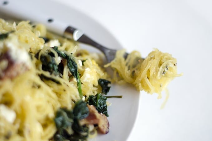 Spaghetti Squash with Bacon, Spinach, and Goat Cheese
