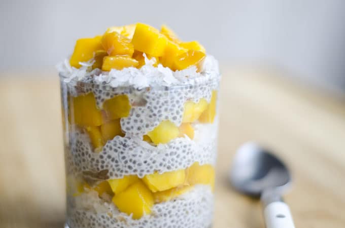 Chia seed pudding with coconut milk and mango layered