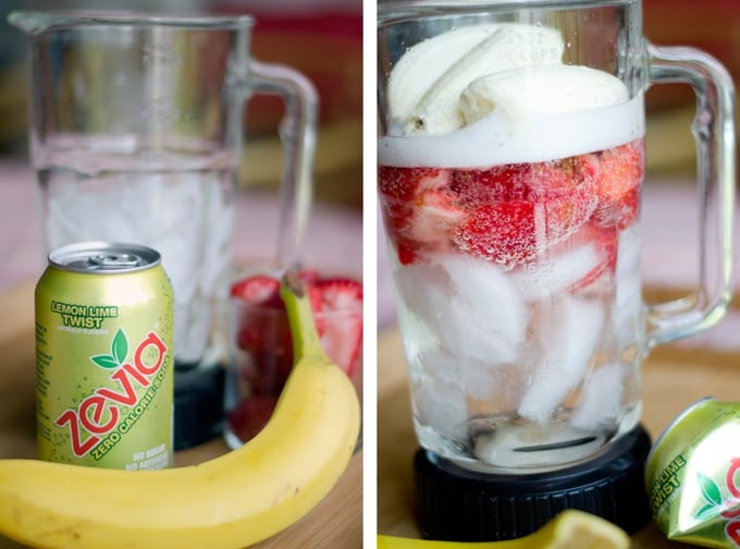 Ingredients to make a soda smoothie with strawberry and banana