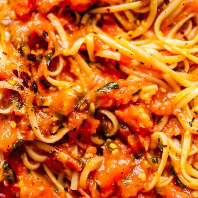 Homemade marinara sauce mixed with spaghetti