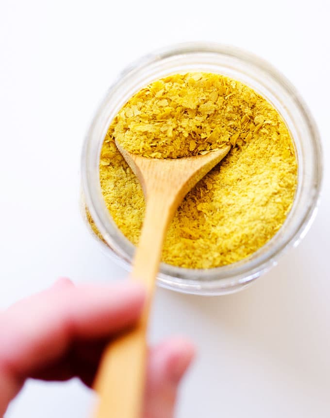 Nutritional yeast flakes in a jar from above