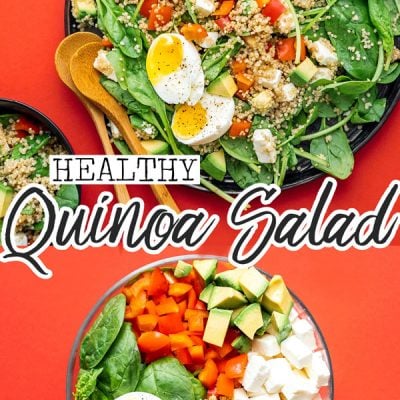 Mediterranean quinoa salad on a plate with serving spoons
