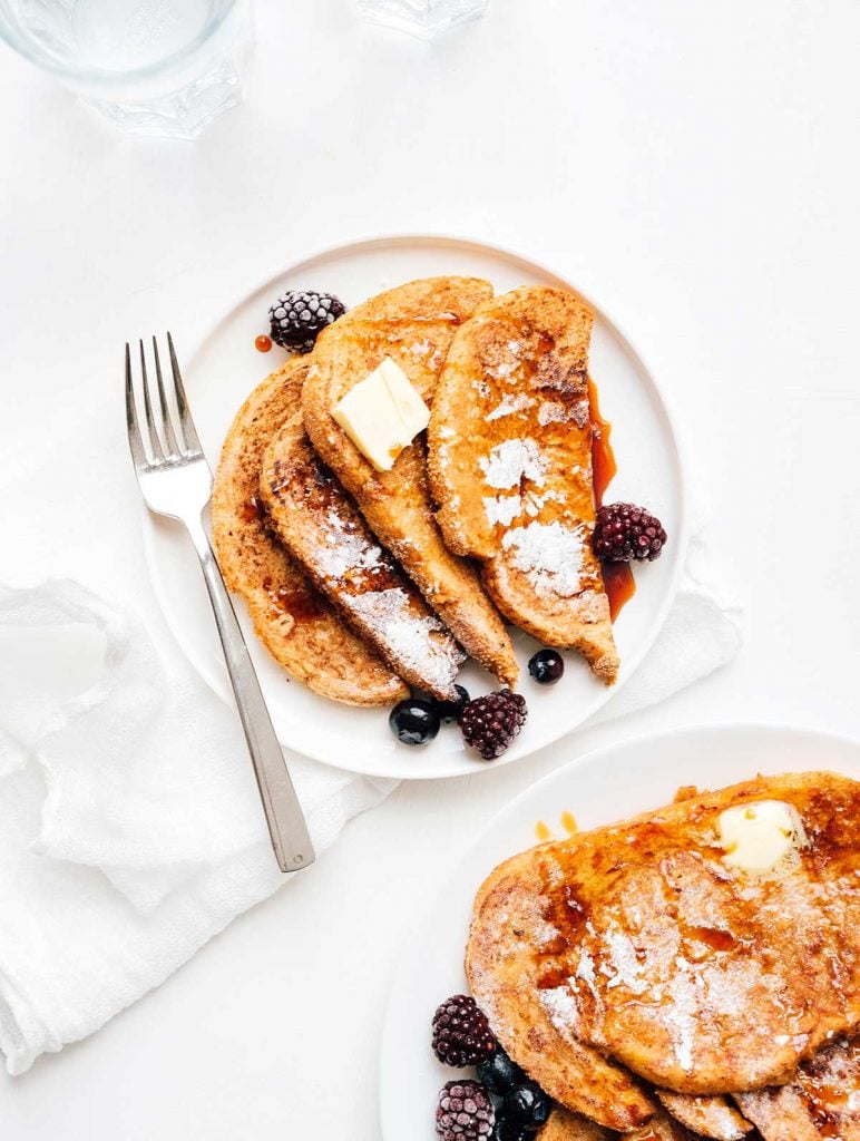 Eggless french toast on a white plate overhead shot