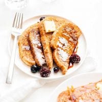 Vegan french toast on a white plate