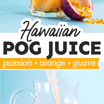 Passion orange guava juice (pog juice) in a glass with a passion fruit on a blue background