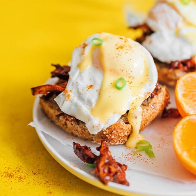 Souther eggs benedict with BBQ pulled mushrooms, poached eggs, and hollandaise sauce