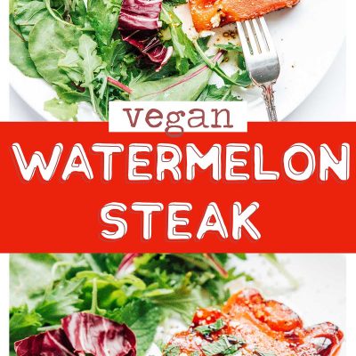 Watermelon steak on a plate with arugula salad