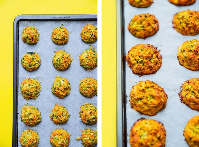 Two images of zucchini cheddar bites arranged neatly on a baking sheet: one before baking, and one after baking