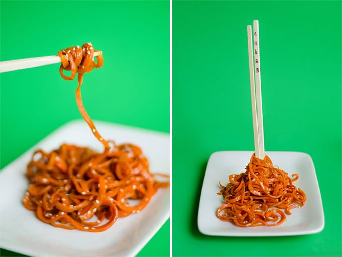Spiralized carrot noodles photo with chopsticks