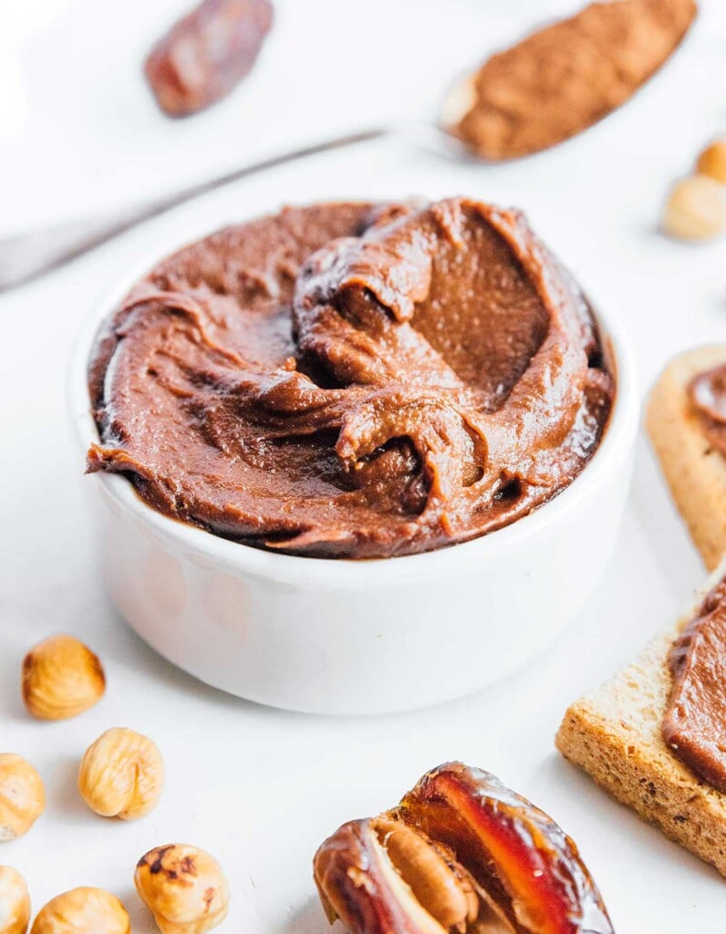 A close-up, texture revealing dish filled with healthy vegan Nutella