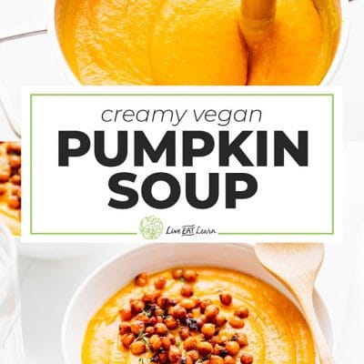 Pumpkin soup in a bowl with chickpeas on top