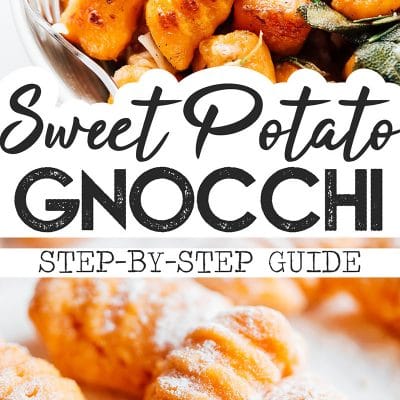 Sweet potato gnocchi in a bowl on a white background