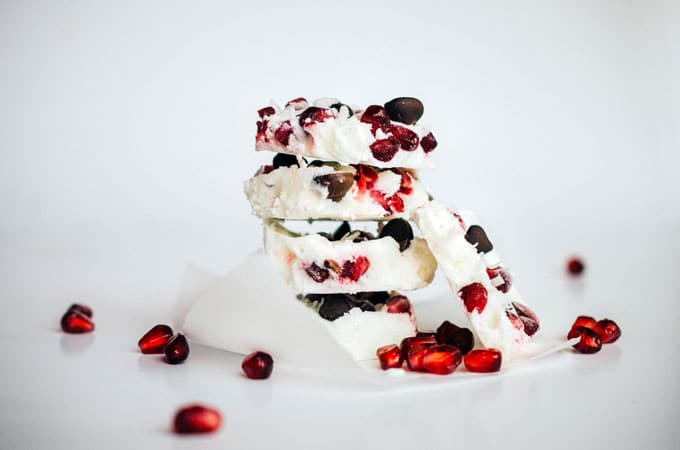 Frozen Greek Yogurt Bark with chocolate and pomegranate seeds