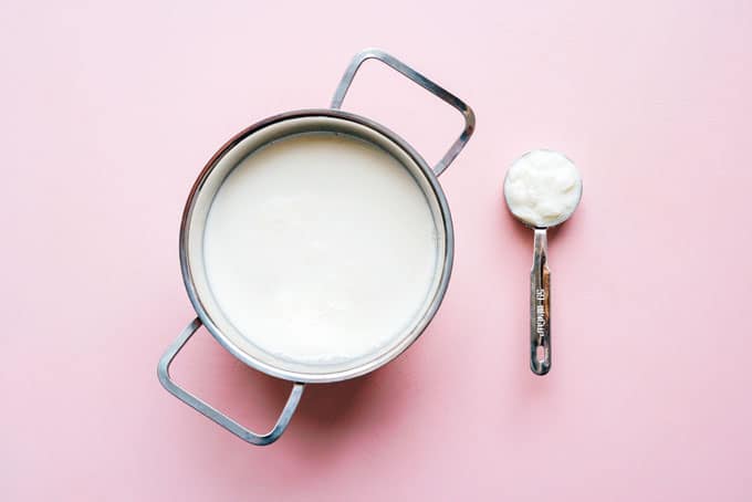Milk and yogurt ingredients to make homemade greek yogurt