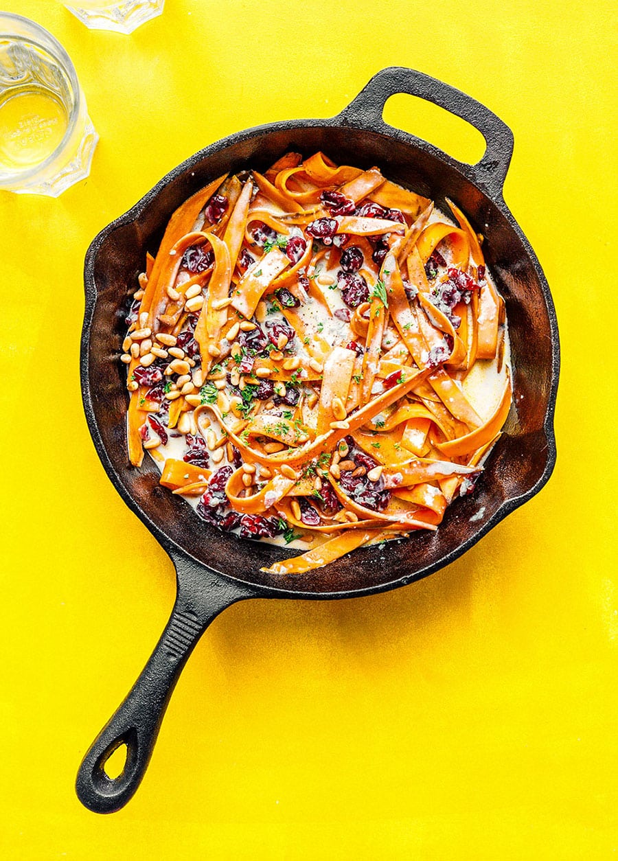 Making sweet potato noodles in a cast iron skillet