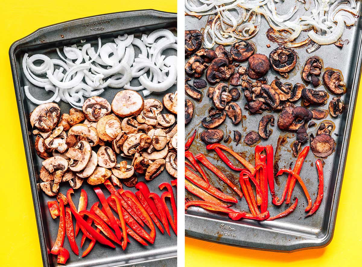 A baking sheet filled with sliced onion, mushrooms, and red bell pepper