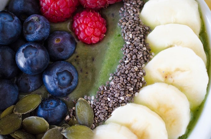 Kale Green Smoothie Bowl with fruit on top