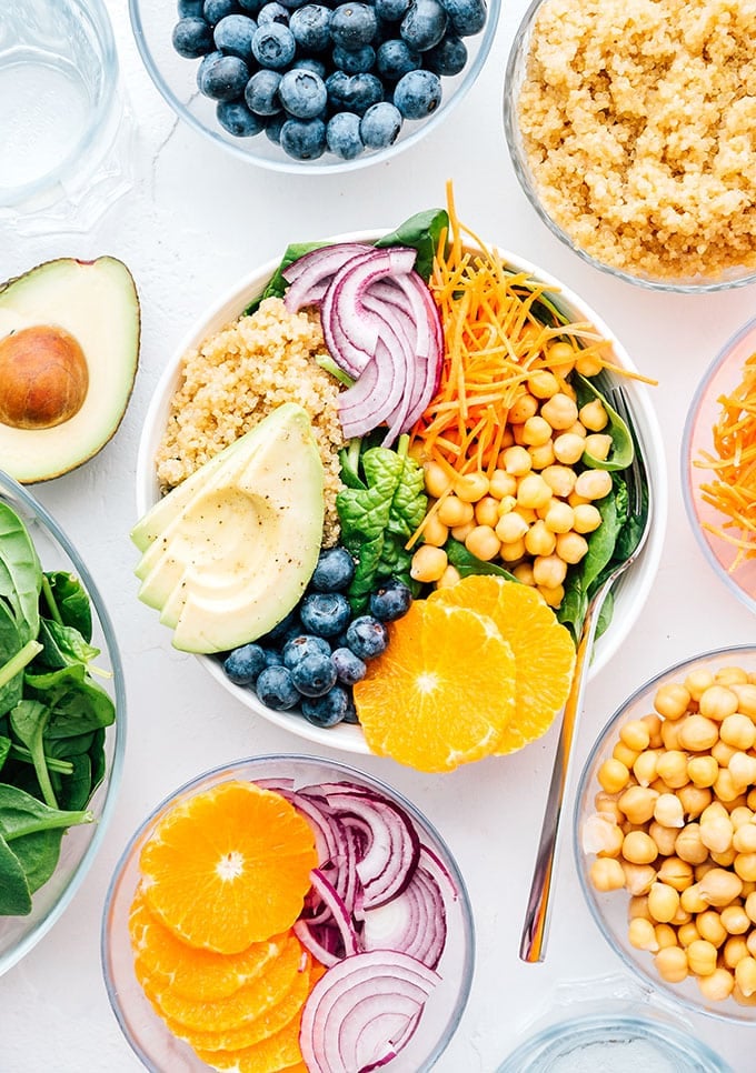 Buddha bowl recipe with fruits and veggies in a bowl 
