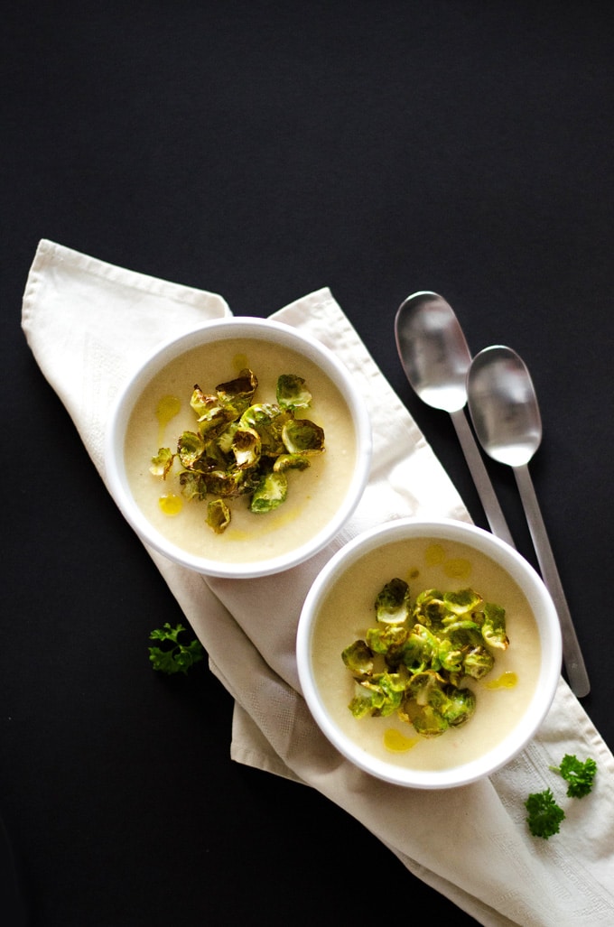 Parsnip & White Bean Soup with Crispy Brussel Sprouts