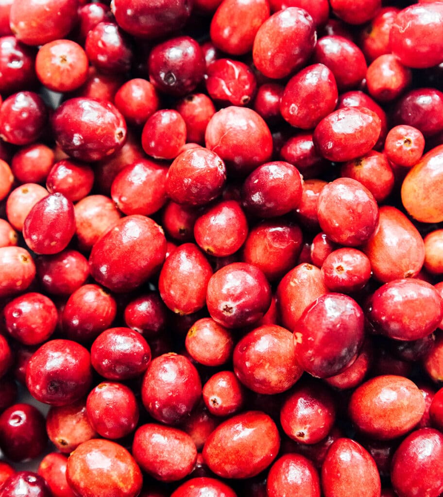 A close-up view detailing the texture and shape of cranberries