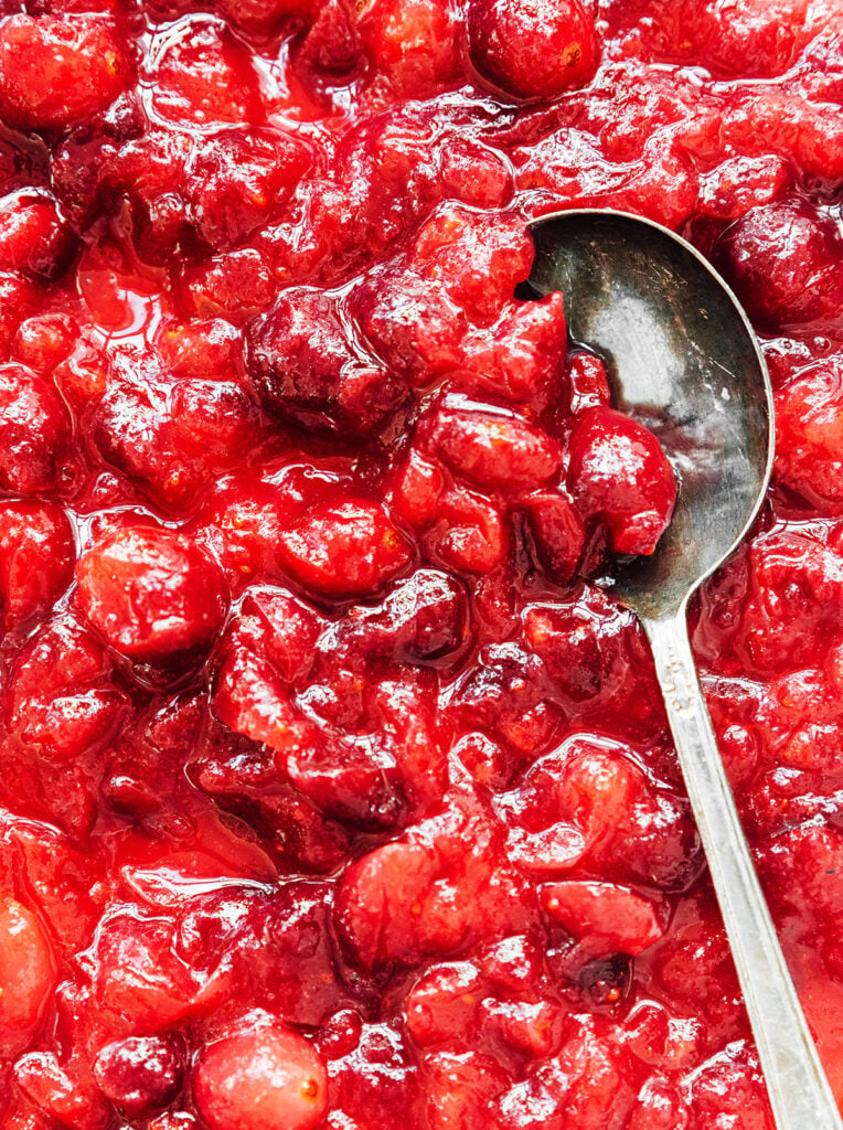 A close up view detailing the texture of cranberry sauce