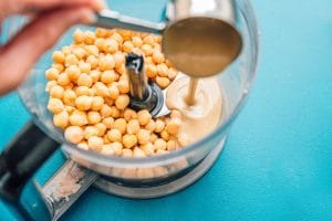 Chickpeas and tahini in a food processor