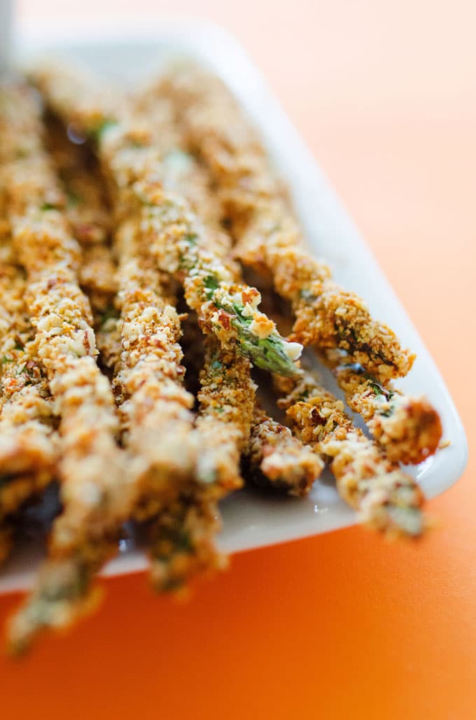 Low carb asparagus fries with crunchy almond breading