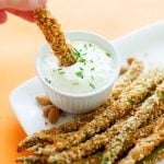 These Parmesan and Almond Asparagus Fries are a low carb, way delicious way to spruce up your side dish tonight.