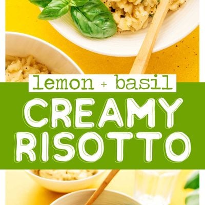 Lemon risotto in a bowl with basil on a yellow background