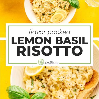 Lemon risotto in a bowl with basil on a yellow background