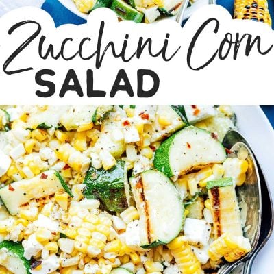 Zucchini corn salad on a white plate with serving spoons