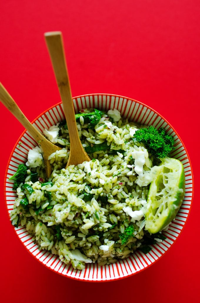 This Chimichurri Orzo Salad is tossed in a simple herby dressing that's loaded with veggies and sprinkled with feta cheese (and all in under 15 minutes!) 