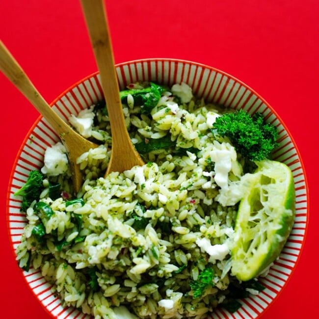 This Chimichurri Orzo Salad is tossed in a simple herby dressing that's loaded with veggies and sprinkled with feta cheese (and all in under 15 minutes!)