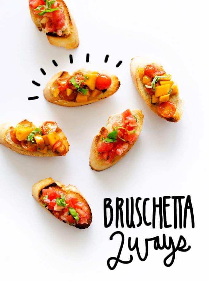 Two bruschetta ideas on toast on a white background