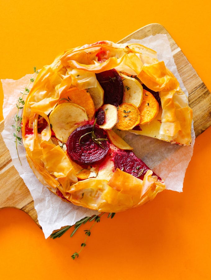 This Savory Apple Tart is a colorful, easy, and flavorful, dish with potatoes, beets, and apples in a flaky phyllo crust. It's sweet, it's savory, and it's calling your name.