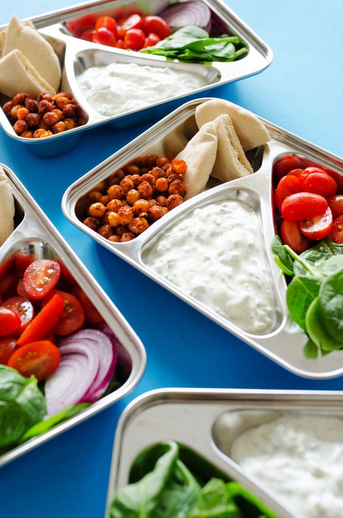 Ditch boring sandwiches and make yourself something seriously delicious for lunch with these Chickpea Gyro Vegetarian Meal Prep Lunch! In under 30 minutes, you’ll ultra-tasty and way-healthy lunch ready for the week. 
