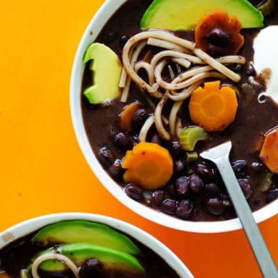 With creamy black beans, flavorful veggies, and thick noodles, this Black Bean Boo-dle Halloween Soup is as spooky as it is delicious!