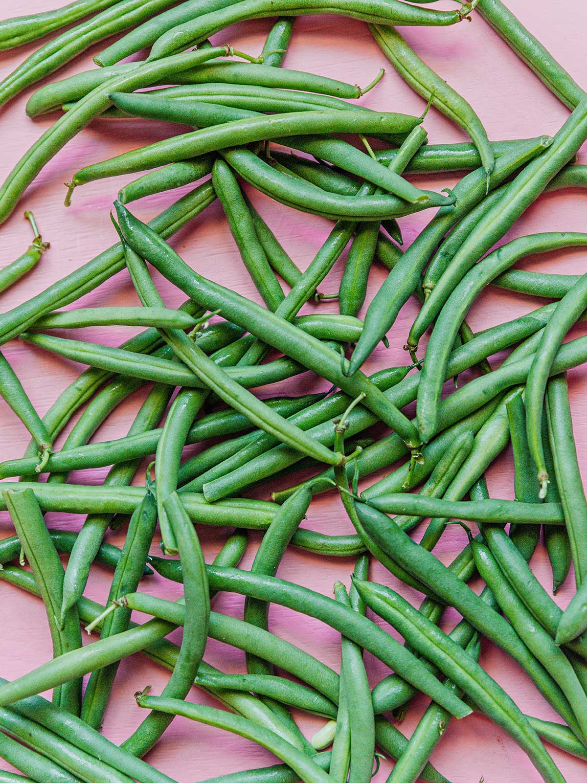 A bed of green beans laid out on a pink background