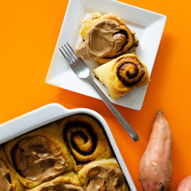 Fluffy, decadent, in slathered in a simple brown sugar cream cheese frosting, these Sweet Potato Cinnamon Rolls are the perfect way to wake up.