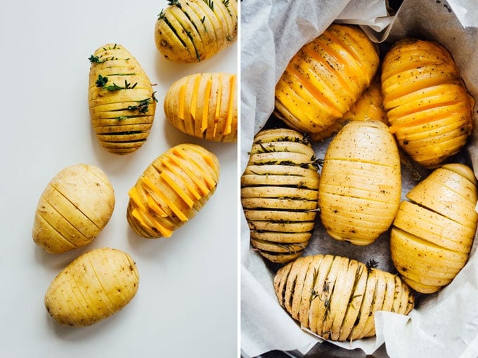 How to make potatoes in a crockpot before and after Change up the routine and make these easy hasselback potatoes for dinner tonight! We're whipping up three tasty flavors: vegan nacho, herb, and loaded.