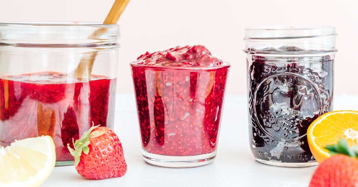 Different flavors of jam made without pectin in mason jars