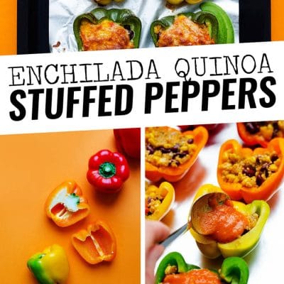 Need a healthy vegetarian dinner outside of your usual routine? These Enchilada Quinoa Stuffed Peppers flavored with a quick homemade enchilada sauce and baked to bubbly, cheesy, perfection.