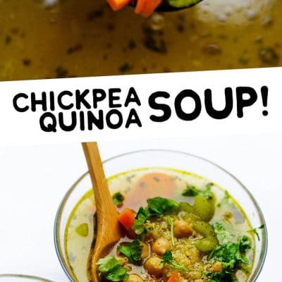 Soup in a clear glass bowl with a wooden spoon on a white background - This Quinoa Vegetable Soup is a bone-warming brothy soup that has the flavors of chicken noodle soup with the healthy-ness of vegetable soup (and it whips up in under 30 minutes!)