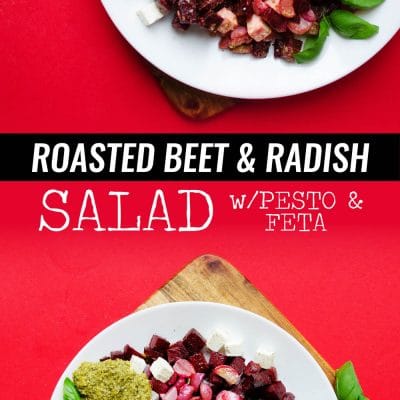 Roasted beet and radish salad with feta cheese on a wooden board on a red background - Here's a way to make your beets NOT taste like dirt! This Roasted Beet an Radish Salad is loaded with fresh pesto, feta cheese, and a hint of lemon, which help to counter that typical beet taste that so many of us can't get over.