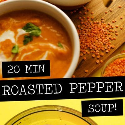 This Roasted Red Pepper Soup draws inspiration from the delicious Spanish pepper sauce, romesco! With smoky roasted peppers, juicy Roma tomatoes, and a dollop of almond butter, this is a creamy soup that gets a delicious dinner on the table (in under 15 minutes!)