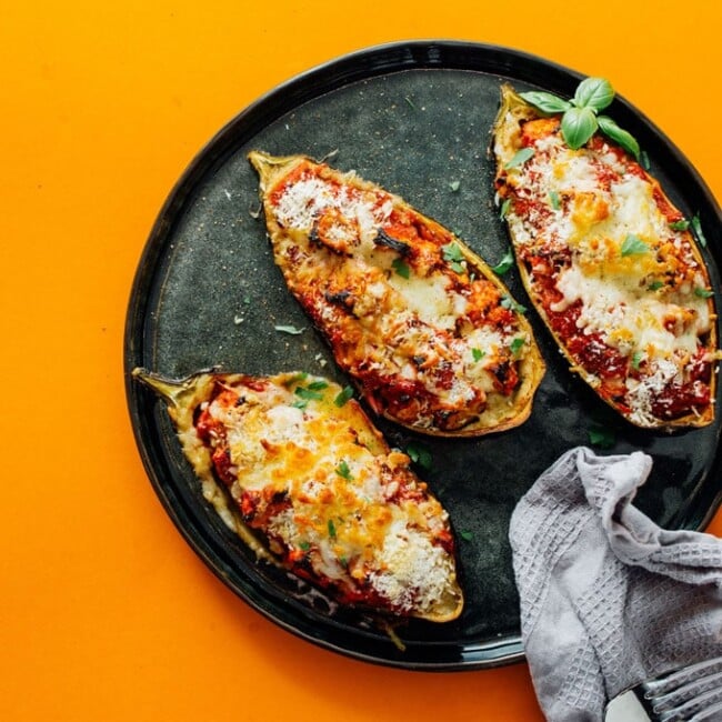 This Stuffed Eggplant Parmesan recipe takes all that’s great about eggplant parm and stuffs it in the eggplant skin, meaning less mess and easy serving!