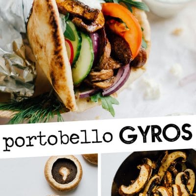 These vegetarian Portobello Mushroom Gyros are seasoned with a flavorful blend of Mediterranean spices and grilled to meaty perfection, then drizzled with a quick homemade feta tzatziki and wrapped in pillowy pita (oh, and all in under 15 minutes).