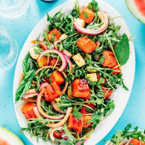Watermelon salad on a white platter